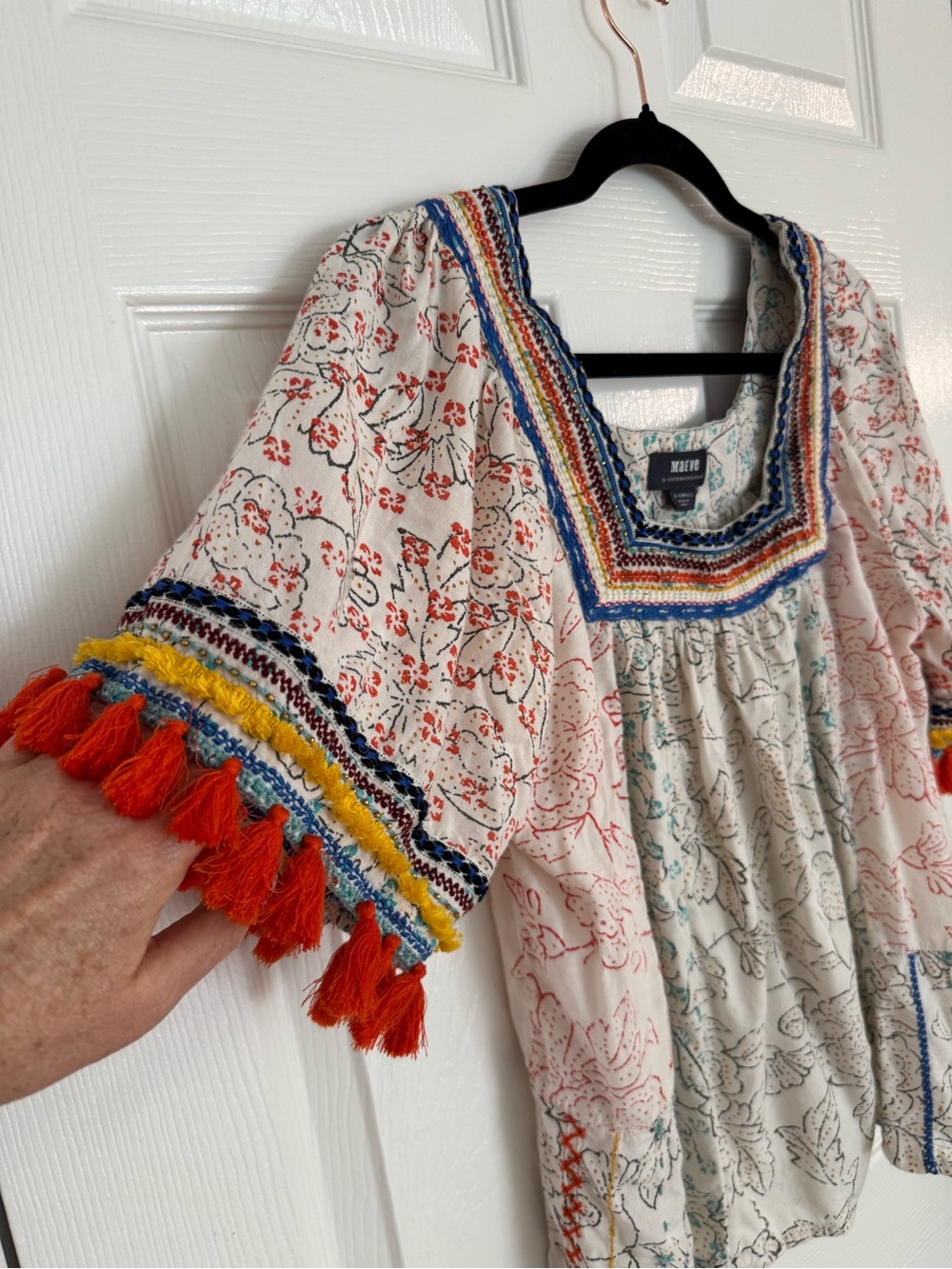 Anthropologie Floral Embroidered Tassel Peasant Top in Cream, Orange and Blue